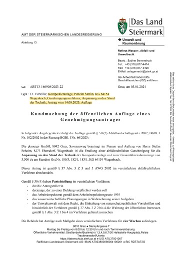 Kundmachung Abfallrecht Auflage Kompostieranlage, Peheim Stefan, Wagenbach